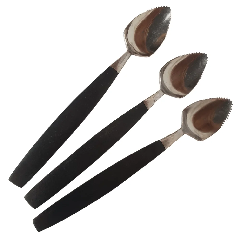 Set of Three MCM Black and Silver Grapefruit Spoons. Made In Japan.
